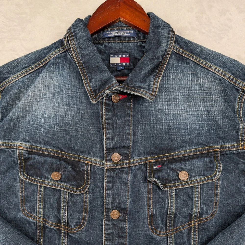 VTG Tommy Jeans Jacket Men's Large Blue Dark Wash Denim Trucker‎ Streetwear 90s